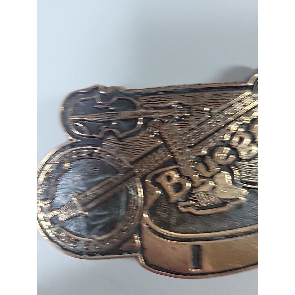 Vintage 1970s Bluegrass Brass Belt Buckle Guitar Banjo Fiddle Music Kentucky